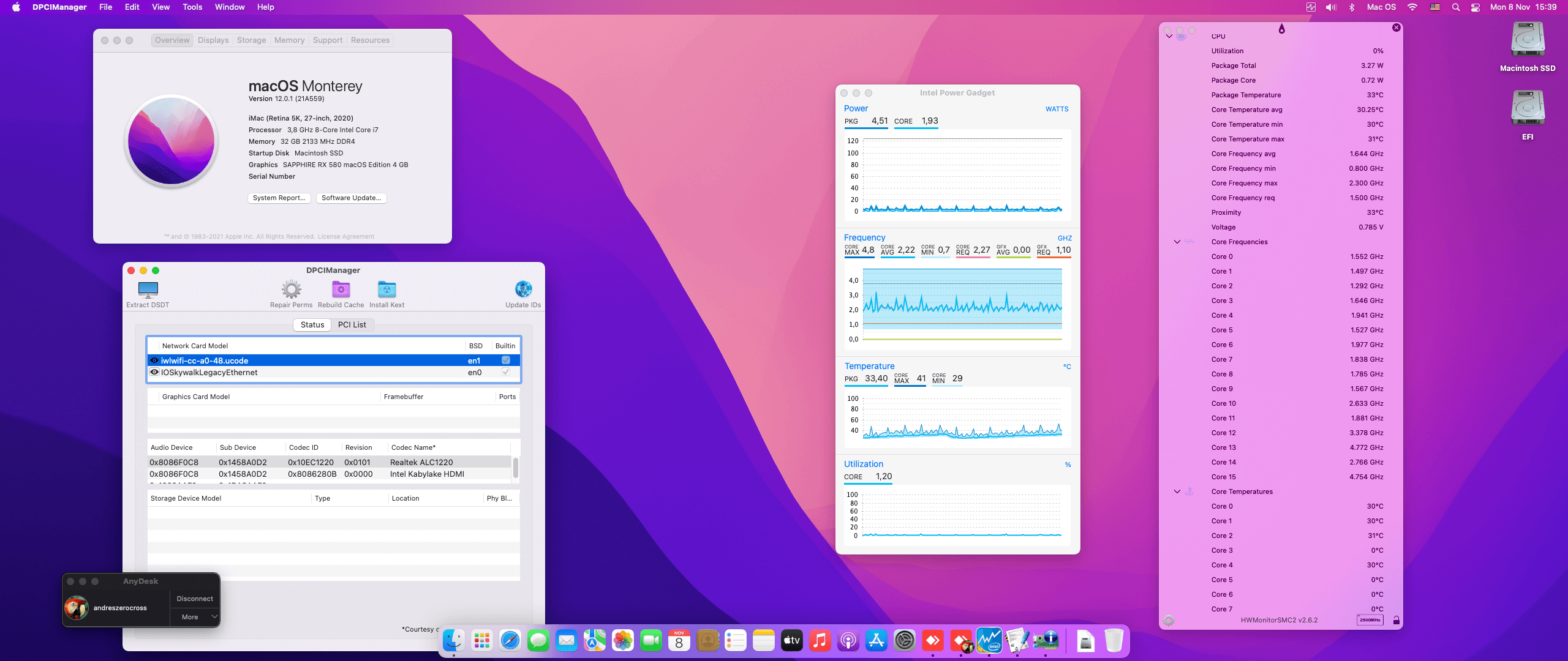 Success Hackintosh macOS Monterey 12.0.1 Build 21A559 in Gigabyte Z590I Aorus Ultra + Intel Core i7 10700K + Sapphire RX 580